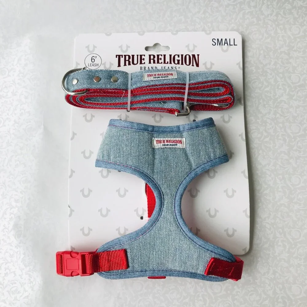 True Religion Pet Harness & Leash Set Light Blue /Red Lined Size : S